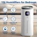 KZF Humidifiers for Bedroom, 15L Large Room Humidifier, 2000 Sq.ft Coverage, 72Hrs Runtime, Top Fill, 26dB Quiet, 3 Mist Levels & Diffuser, Auto Shut-Off, Ready for Baby Nursery Home and Plants
