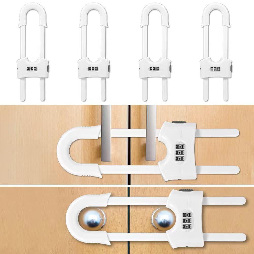 3 Packs U-Shaped Sliding Cabinet Locks, Baby Proofing Cabinets with Adjustable Child Safety Lock, Childproof Latches for Knobs, Handles on Kitchen Doors and Home Drawers Closet 1- White