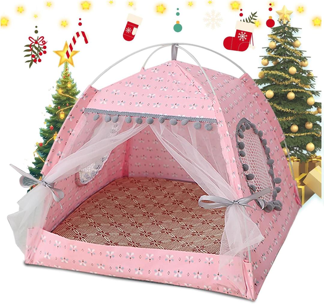 Gigreinc Cat Princess Indoor Tent House Pet Dog Cute Floral Cave Nest Bed Portable Dog Tents (M:38x38x36cm/15x15x14inch, Floral Pink)