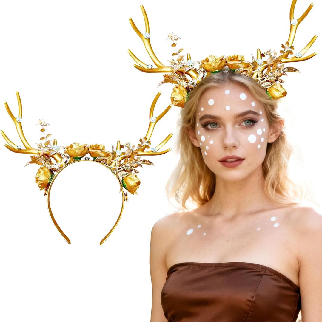 JeVenis Luxury Reindeer Antler Headband Gold Deer Fantasy Fairy Elven Headband Festival Wear Party Hats