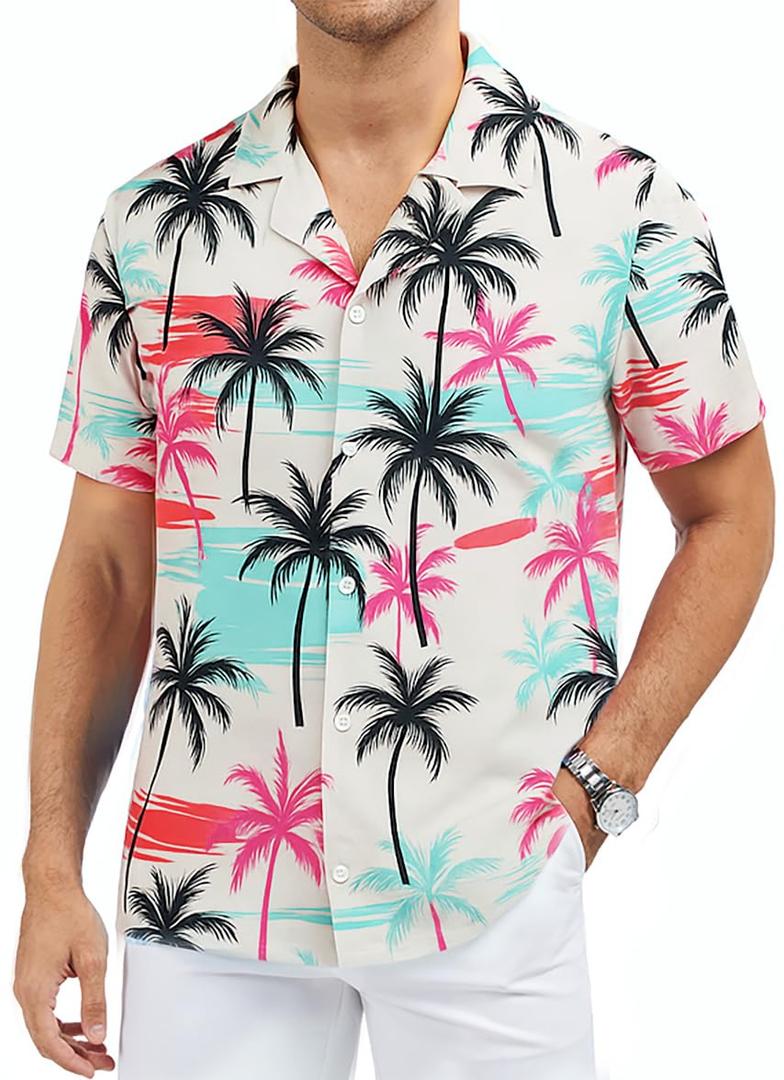 ASTRYON Hawaiian Shirt for Men Short Sleeve Floral Palm Button Down Tropical Vacation Beach Shirt (US, Alpha, X-Large, Regular, Regular, White and Pink and Blue) (XL)