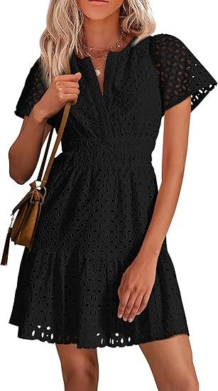 PRETTYGARDEN Womens 2026 Summer Short Dress V Neck Short Sleeve A Line Hollow Out Lace Ruffle Cute Casual Beach Party Dresses S