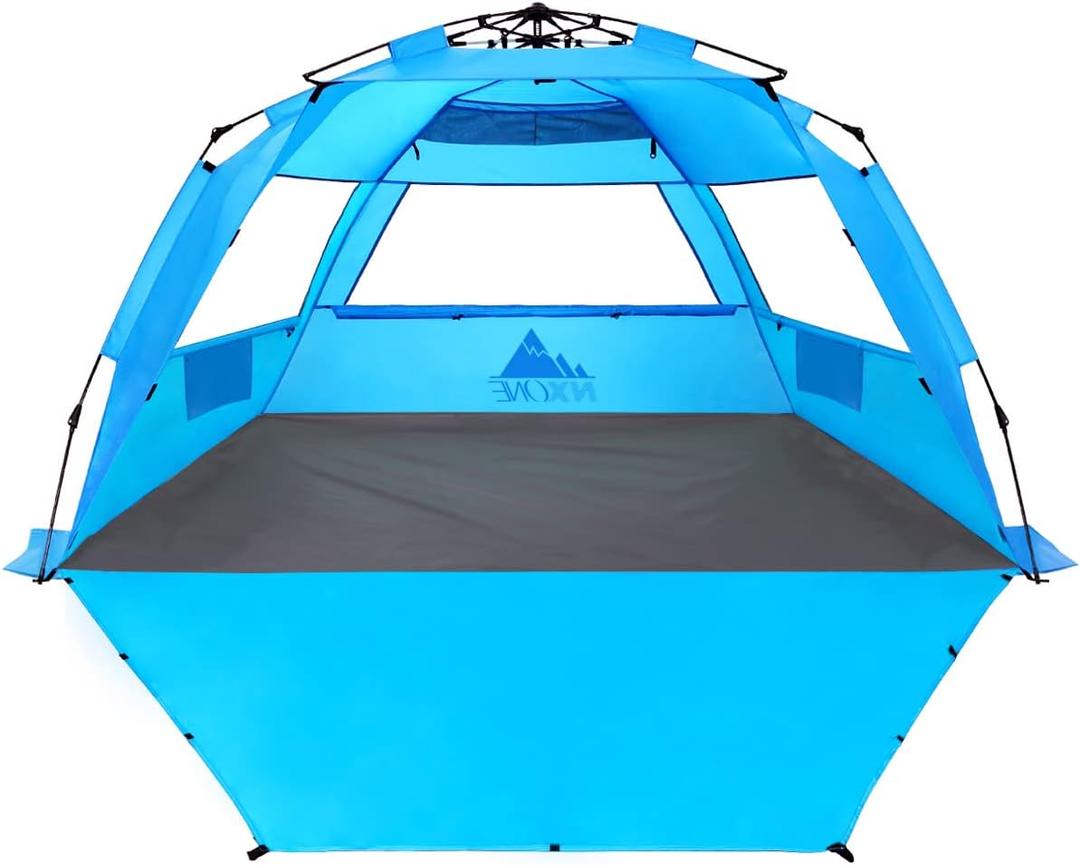 NXONE XL Pop Up Beach Tent, Deluxe Sun Shade Shelter for 4 Person, UPF 50+ Protection, Windproof Beach Shade, Extendable Floor with 3 Ventilating Windows Plus Carrying Bag, Stakes and Guy Lines, X-Large