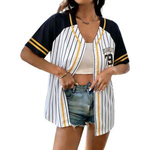 Baseball Jersey Women Baseball Shirts Baseball Team Jerseys Game Day Striped Button Down Short Sleeve Tops (M)