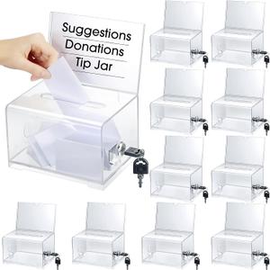 10 Pcs Acrylic Donation Boxes with Lock Sign Holder and Slot
Ballot Box for Voting, Raffle, Secure Donation Container for Fundraising, Tip Jar, Suggestion Card Holder Included