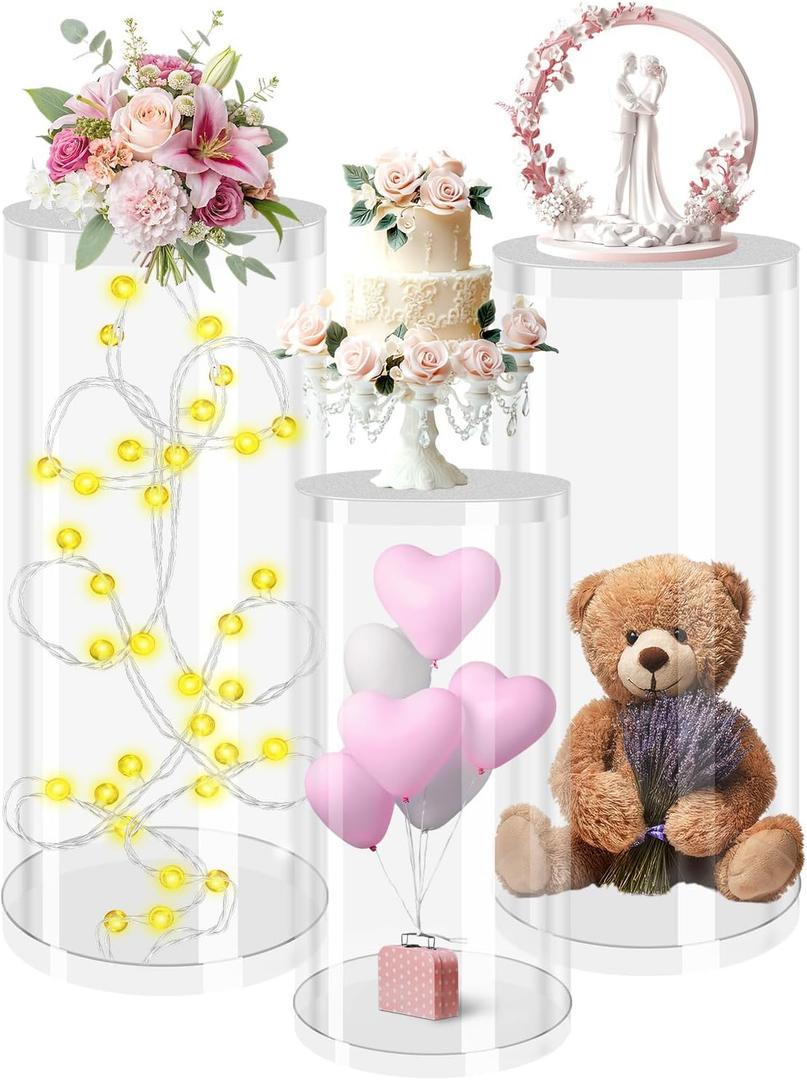 Cylinder Stands for Party, Party Cylinders Set of 3 Stand, Thickened Clear Cylinder Pedestal for Display Wedding Bridal Baby Shower Party Decorations 35.4''(L) 29.5''H, 23.6''H