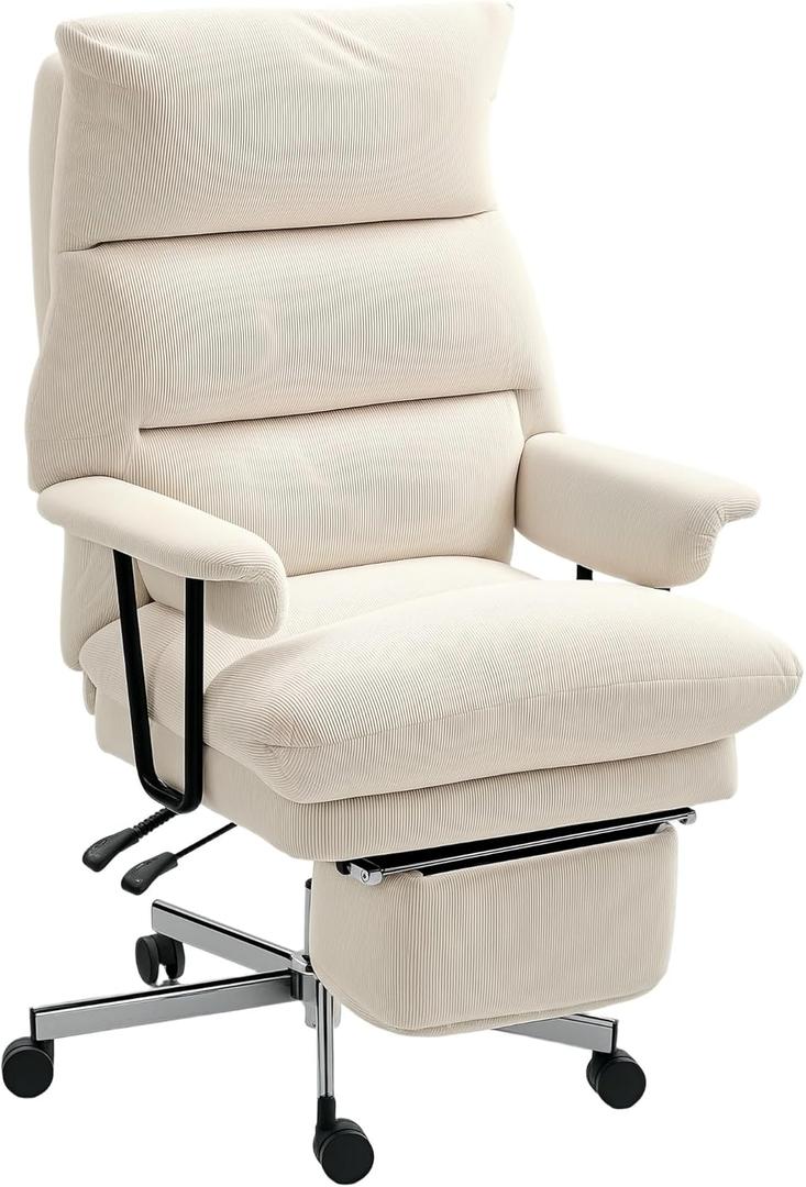 HOMCOM Large Overstuffed Office Chair with Lumbar Support, High Back Reclining Executive Corduroy Computer Desk Chair with Footrest, Swivel Wheels, Cream White HOMCOM Large Overstuffed Office Chair with Lumbar Support, High Back Reclining Executive Corduroy Computer Desk Chair with Footrest, Swivel Wheels, Cream White
