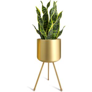 Mid-Century Metal Flowerpot with Stands, Gold Stylish Modern Floor-Standing Flowerpot,Suitable for Orchid, Aloe Indoor Outdoor Decoration 8.5'' Wide 18'' high