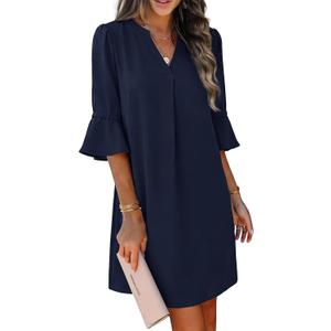 RUMIA Casual Dresses for Women Short Sleeve V Neck Daily Wear Shift Dress, Dark Blue L