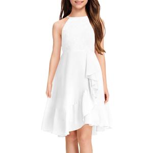 MITILLY Girls Lace Flower Ruffle Dress Chiffon Halter A Line High Low Flowy Junior Bridesmaid Dresses for Wedding Party (White), Size 8 years