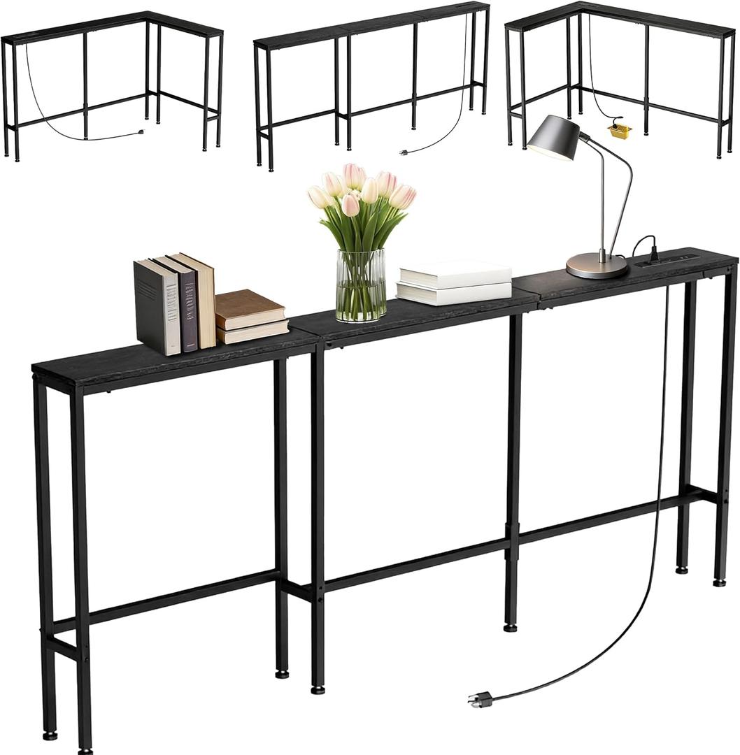 70" Narrow Console Sofa Table with Power Outlets & 2 USB Ports, L Shaped Behind Couch Table Skinny, 3 Assembly Options Entryway Tables with Charging Station for Living Room, Hallway, Black, 70IN