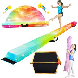 Folding Balance Beam for Kids- Gymnastics Foam Floor Beam, Anti-Slip Bottom with Carrying Bag, Faux Suede Covered, Gymnastics Equipment for Home (Faux Suede, Starlight Rainbow, 9FT)