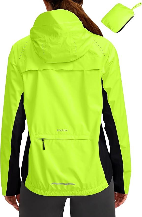 Bikewa Women's Cycling Rain Jackets Waterproof Windbreaker Lightweight Running Windproof Reflective Jacket Packable Hooded, L