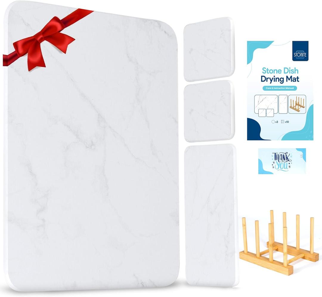 Stone Drying Mat For Kitchen Counter BUNDLE - Oversink Dish Drying Rack Dish Drying Rack Made with Absorbent Materials, Diatomaceous Dish Drying Mats, White, Marble, 15.7"(L)11.8"(W)