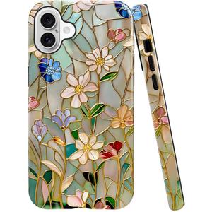 Case Compatible with iPhone 16,Fall Prevention Bright Hybrid 2-Layer Hard Shell Phone Case for Girls Boys,Stained Glass Bloom Flower