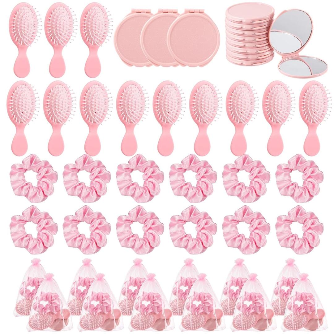 48 Pcs Pink Party Favors, Pink Makeup Party Supplies, Including Hair Brushes, Elastic Scrunchies, Pocket Cosmetic Mirrors, and Organza Bags, Makeup Brush Accessories (48PCS)