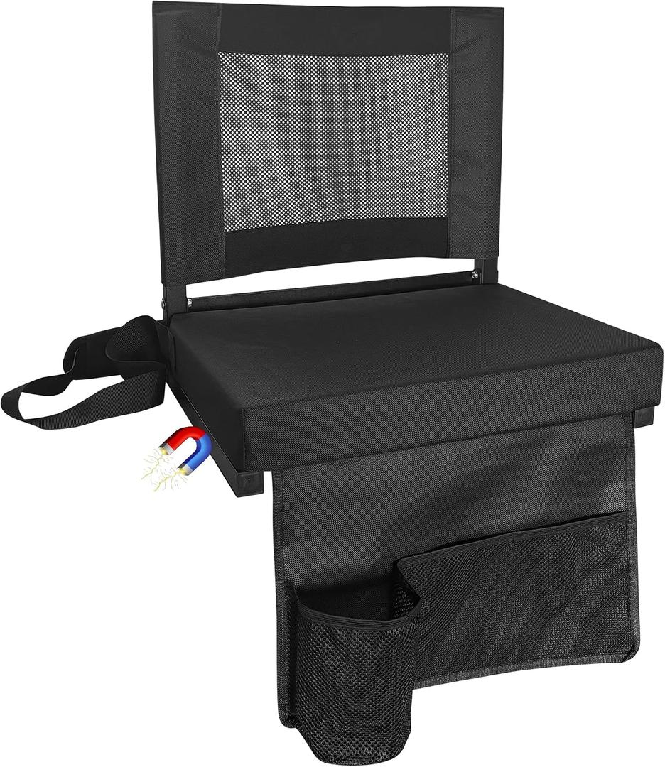 Stadium Seats for Bleachers with Back Support, Bleacher Chairs with Backs and Cushion Wide, Portable Folding Seats with Magnetic Bottom Strips, Includes Shoulder Strap - Black (1, Black) 