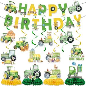 Tractor Birthday Party Decorations Include Tractor Happy Birthday Banners Hanging Swirls Honeycomb Centerpiece Tractor Farm Theme Supplies for Boys