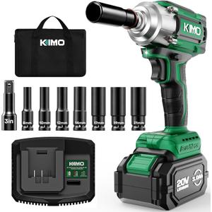 KIMO Cordless Impact Wrench, 3000 RPM & Max Torque 350 ft-lbs (475N.m), 1/2 Impact Gun with 3.0Ah Li-ion Battery, 7 Drive Impact Sockets, 3 Inch Extension Bar, 1 Hour Fast Charger,1/2 Impact Driver