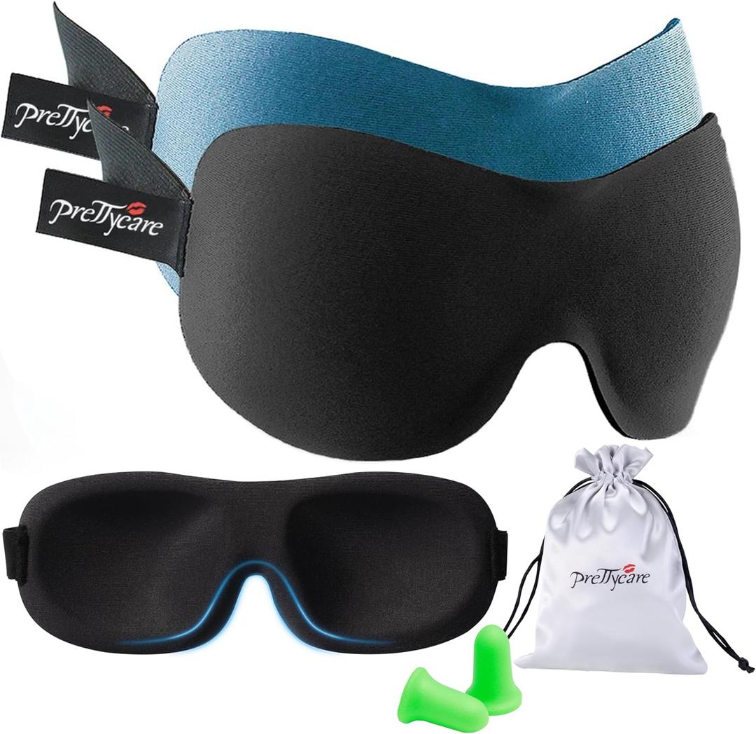 PrettyCare 3D Sleep Mask 2 Pack,Eye Mask for Side Sleeper 3D Contoured Sleeping Mask Blackout Out for Men- Blindfold Airplane with Ear Plugs, Night Masks with Travel Bag (Black/Blue)