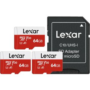 Lexar E-Series 64GB Micro SD Card 3 Pack, microSDXC UHS-I Flash Memory Card with Adapter, 100MB/s, C10, U3, A1, V30, Full HD, 4K UHD, High Speed TF Card