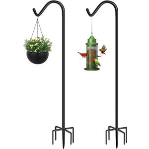 Shepherds Hook for Outdoor Bird Feeders Pole 60 Inch Tall, Adjustable Heavy Duty Garden Hanger Stake Pole with 5 Prong Base, Shiny Black (2 Packs)