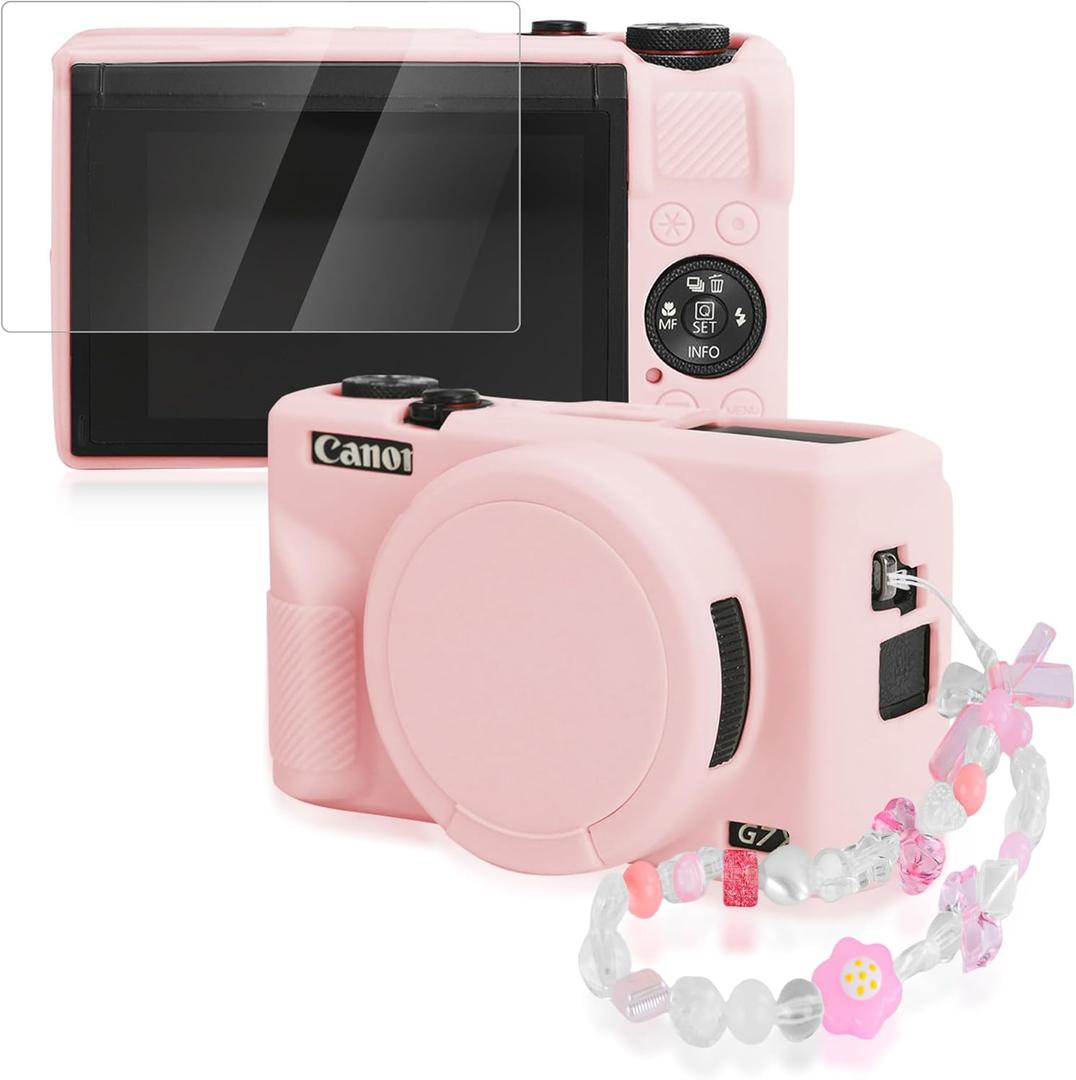 Seltureone for Canon PowerShot G7 X Mark III Case with Cute Charm Wrist Strap and Screen Protector, Built-in Lens Cap Protective Silicone Case for Canon PowerShot G7X Mark III Accessories - Pink