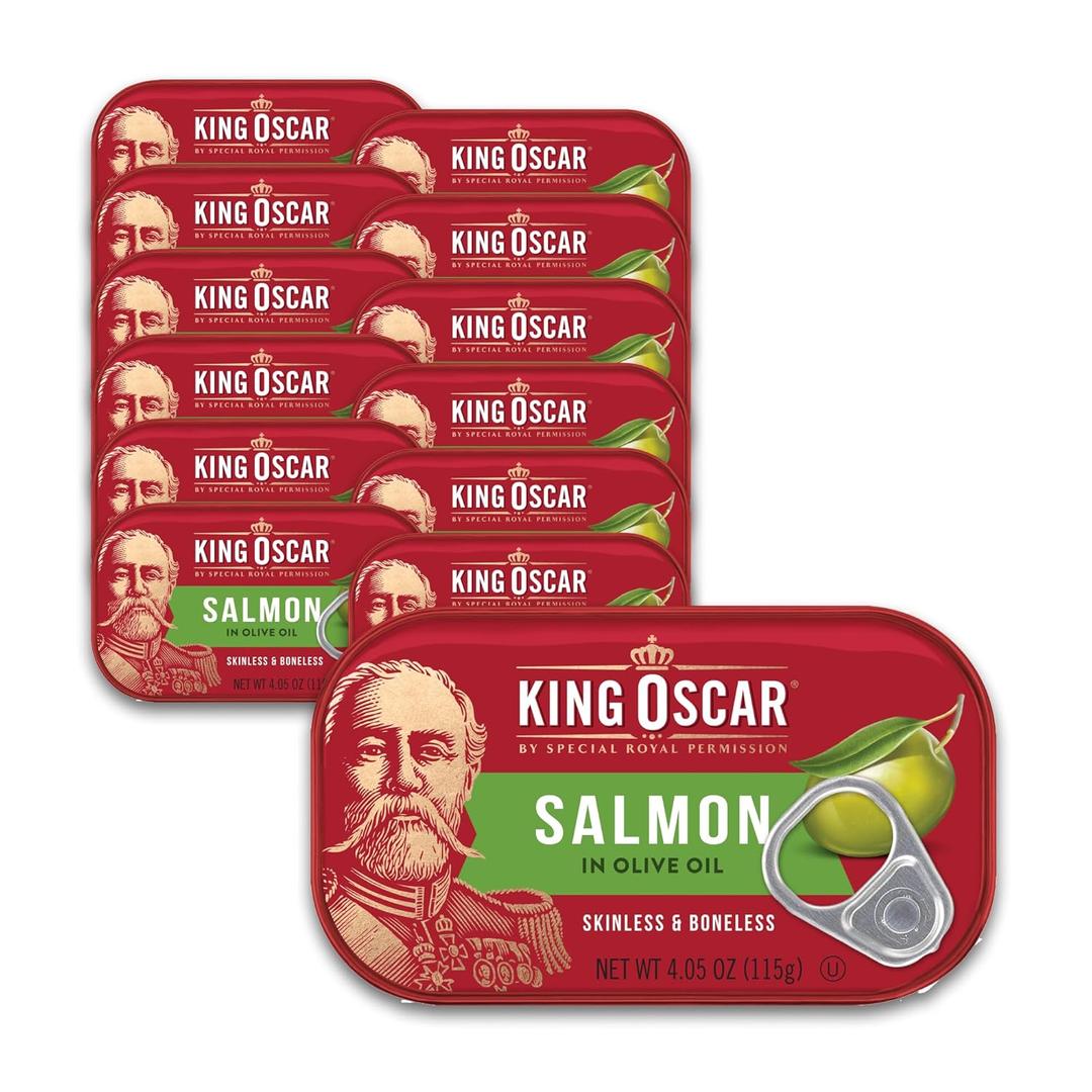 King Oscar Premium Salmon in Olive Oil, 4.05-Ounce Cans (Pack of 12, Packaging May Vary), Skinless & Boneless Salmon (EXP 02/10/31)
