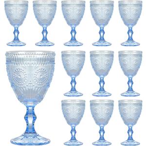 Vintage Wine Glasses Set of 12, 10 oz Glass Goblets Wine Glassware, Romantic Wedding Glass Set, Embossed Drinking Stemware Beverage Cups for Wedding Party Bar, Blue