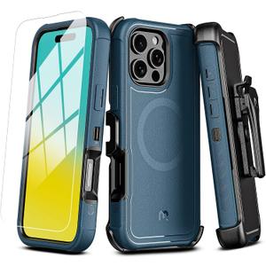 M MYBAT PRO Maverick Series iPhone 16 Pro 6.3 Case with Belt Clip Holster,[Compatible with Magsafe] w/Screen Protector,Anti-Drop,Shockproof,with 360Rotating Kickstand,Heavy Duty Protection Blue