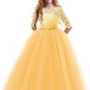 Girls Flower Vintage Floral Lace 3/4 Sleeves Floor Length Dress Wedding Party Evening Formal Pegeant Dance Gown (Yellow, 3-4T)