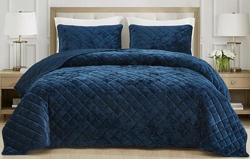 Chezmoi Collection Lux Navy Blue Velvet Quilt Queen Set, 3-Piece Plush Distressed Velvet Bedding All Season Lightweight Comforter Brushed Microfiber Reverse with Diamond Stitch Quilting