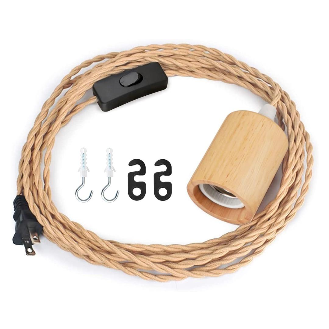 15FT Wood Pendant Light Cord Kit, Swag Hanging Lamp Kit with Plug in & Switch, Hanging Lights DIY Farmhouse Industrial E26 Socket Pendant Light Fixtures Vintage 15' Twisted Cloth Covered Wire