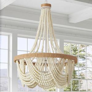 28-inch White Boho Chandelier Large Wood Beaded
