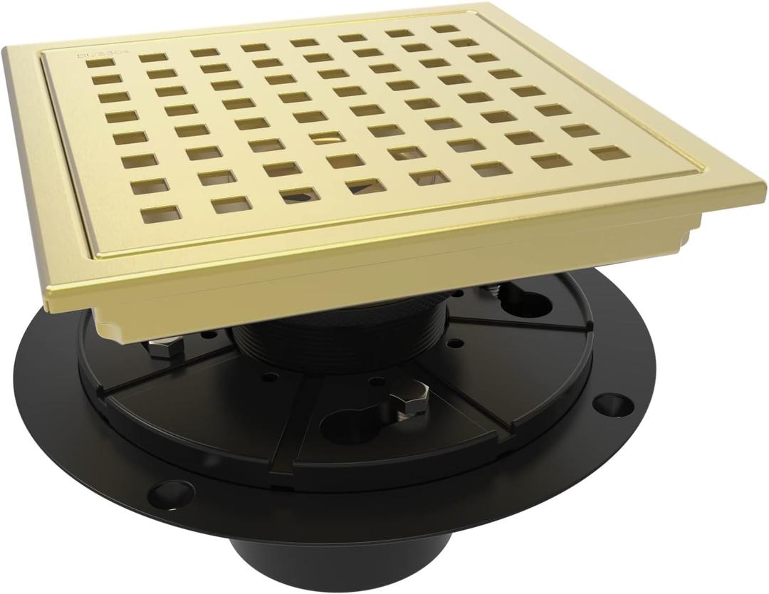 WEBANG 6 Inch Square Shower Floor Drain with Flange, Quadrato Pattern Grate Removable, Food-Grade SUS 304 Stainless Steel, Watermark CUPC Certified, Brushed Gold