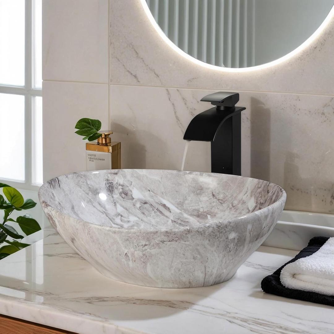 Ceramic Vessel Sinks Oval Bathroom Sink Above Counter Vessel Sink with Faucet and Drain Combo 16 inch Marbling Vessel Bathroom Sinks Bowl, 12.99 x 15.74 x 5.7 inches