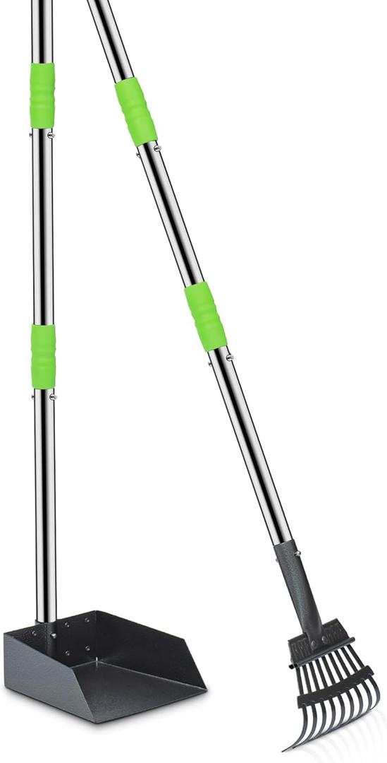 Niubya Pooper Scooper for Dogs, Metal Poop Scooper Tray and Rake Set with Adjustable Long Handle, Dog Pooper Scooper for Pet Waste Removal (Silver & Green)
