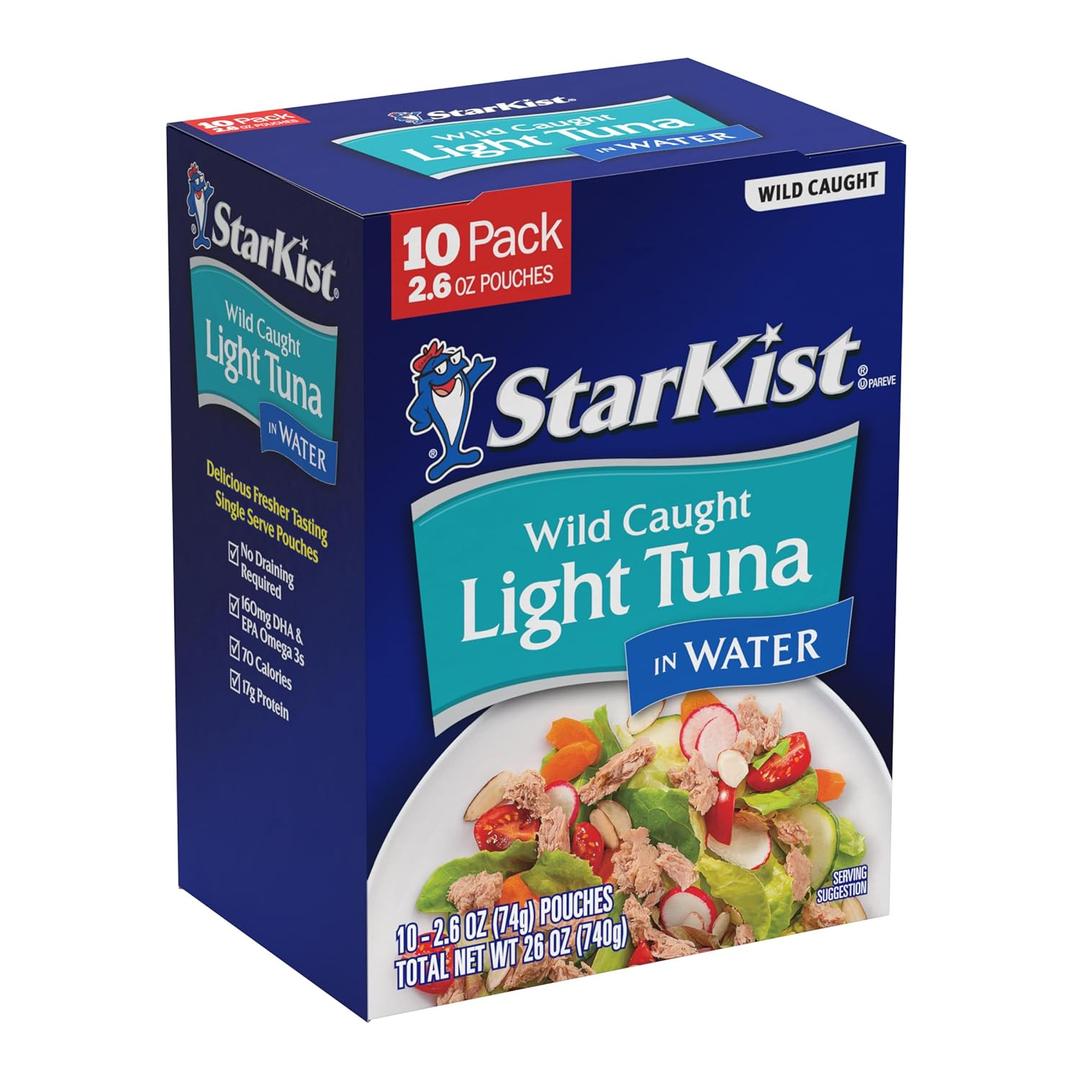 StarKist Chunk Light Tuna in Water, 2.6 oz Pouch (10 Pack) Ready to Eat Wild Caught Tuna, 17g Protein, 70 Calories Per Serving, Gluten Free, Soy Free, Kosher, Perfect for Salads, Keto Meals and Snacks, Best By 04 24 2028