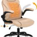 Office Desk Chair, Ergonomic Computer Chair with Padded Flip-Up Arms and Adjustable Lumbar Support, PU Leather Executive Chair with Tilt Lock and 360 Swivel Rolling Wheels for Work, Study (Beige)