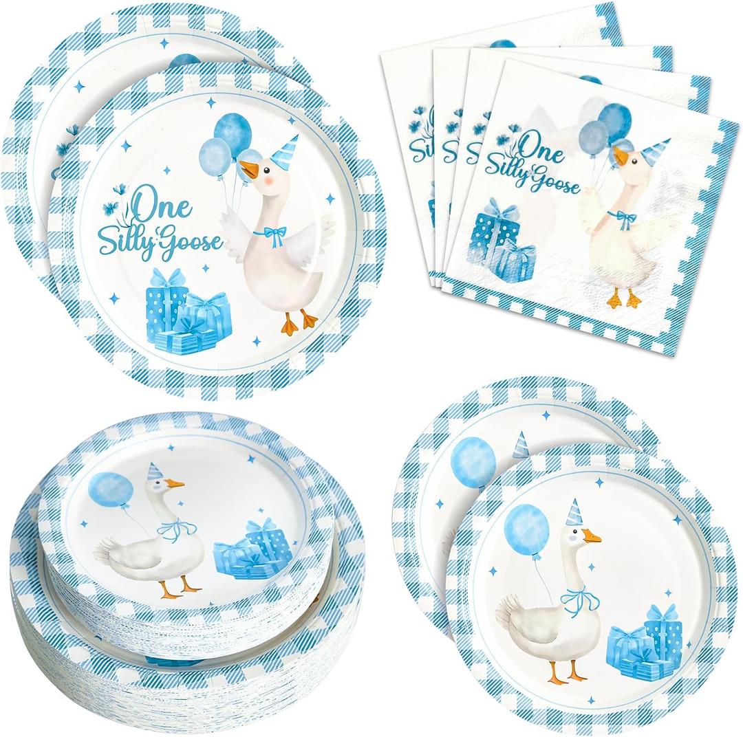 180PCS One Silly Goose Party Supplies Serve 60,Goose Theme Paper Plates and Napkins Kit for Baby Shower Birthday Party Decorations