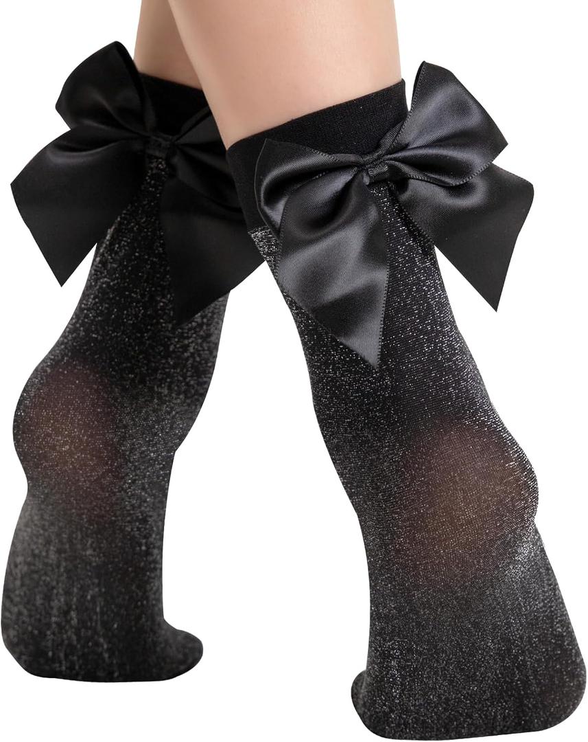 MANZI 3 Pairs Women's Glitter Bow Ankle Socks Sparkly Cozy Sheer Black Crew Socks with Cute Satin Bows Lace Girly Metallic Shimmer Short Stockings