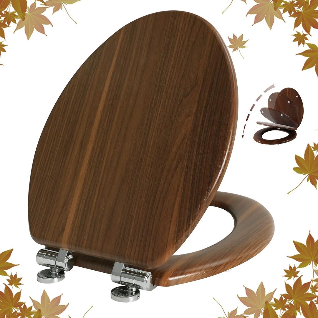 Elongated Toilet Seat Molded Wood Toilet Seat with Quietly Close and Quick Release Hinges, Easy to Install also Easy to Clean by Angol Shiold (Elongated, Walnut)