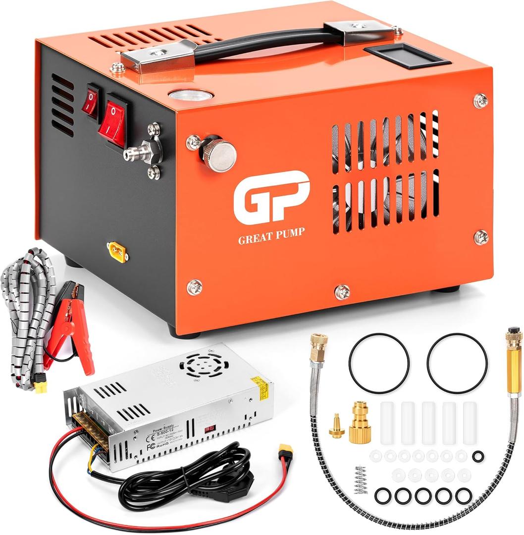 TUXING PCP Air Compressor, Max 4500 PSI, Dual Power Car 12V DC or Home 110V AC, Fast Fill for Air Rifle or Paintball Tank, External Power Adapter, Built-in Cooling Fan, Portable Pcp Pump TXES061 Orange
