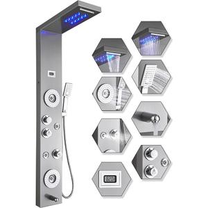 ELLO&ALLO Stainless Steel Shower Panel Tower System,LED Rainfall Waterfall Shower Head 6-Function Faucet Rain Massage System with Body Jets, Brushed Nickel