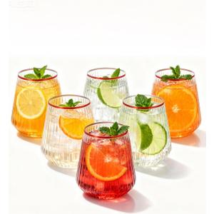 BESTSTAR 36 Pcs 12 oz Plastic Clear Red Rim Ribbed Wine Glasses, Origami Ripple Disposable Champagne Glasses Elegant Whiskey Glasses Ideal for Weddings, Bars, Christmas, Pool Party, Daily Use