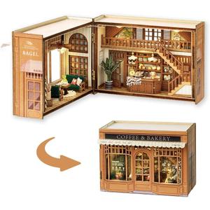 TuKIIE DIY Miniature Dollhouse Kit with Furniture, 1:32 Scale Opened & Closed Mini Cube Wooden Doll House Book Nook Creative Room for Kids Teens Adults(Bagel Time)