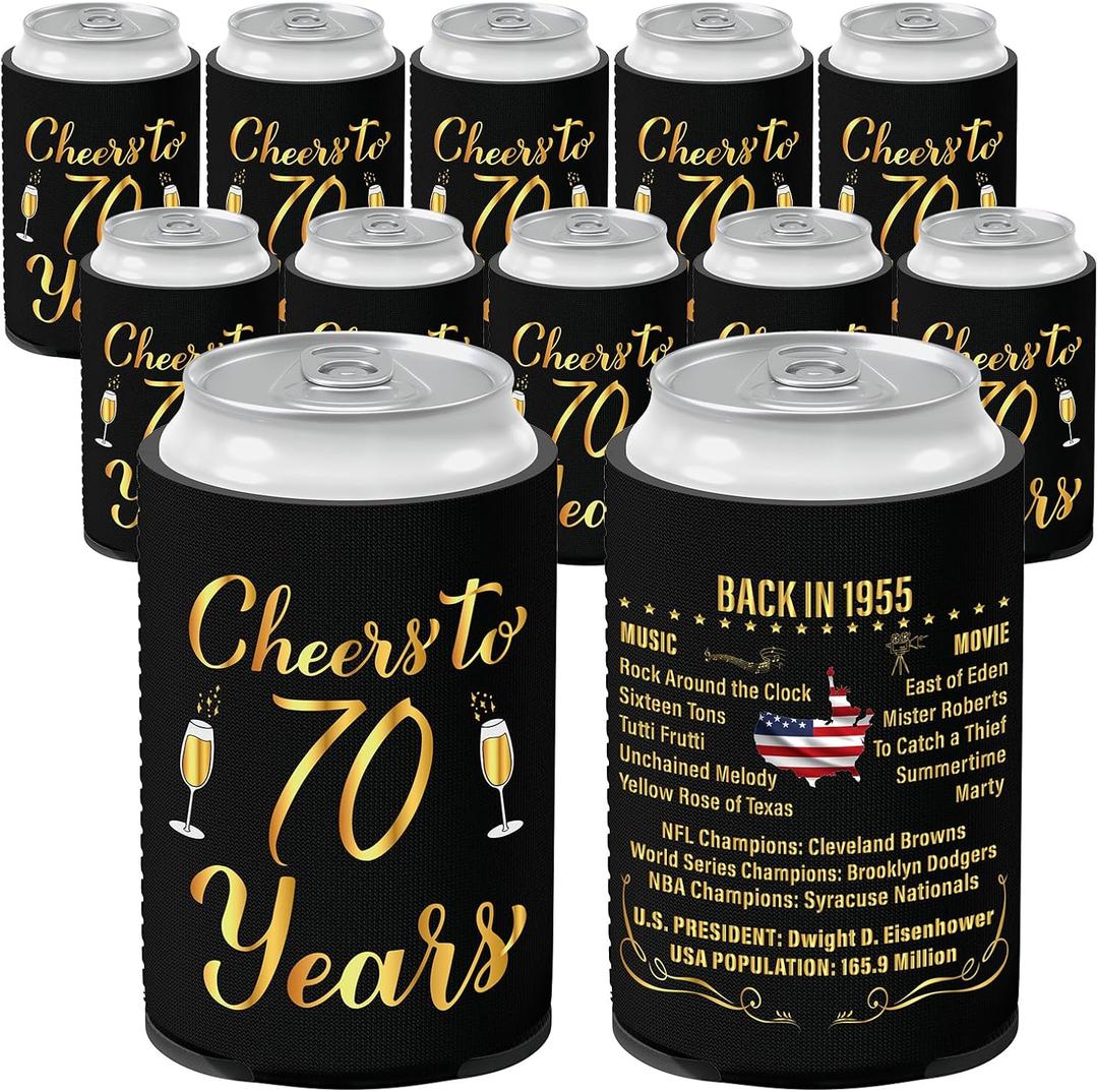 70th Birthday Decorations for Women and Men, Vintage 1955 Birthday Decor, Seventy Year Old Bday Party Supplies, 12 Pcs Neoprene Can Cooler Sleeves for Soda, Beer, Beverage