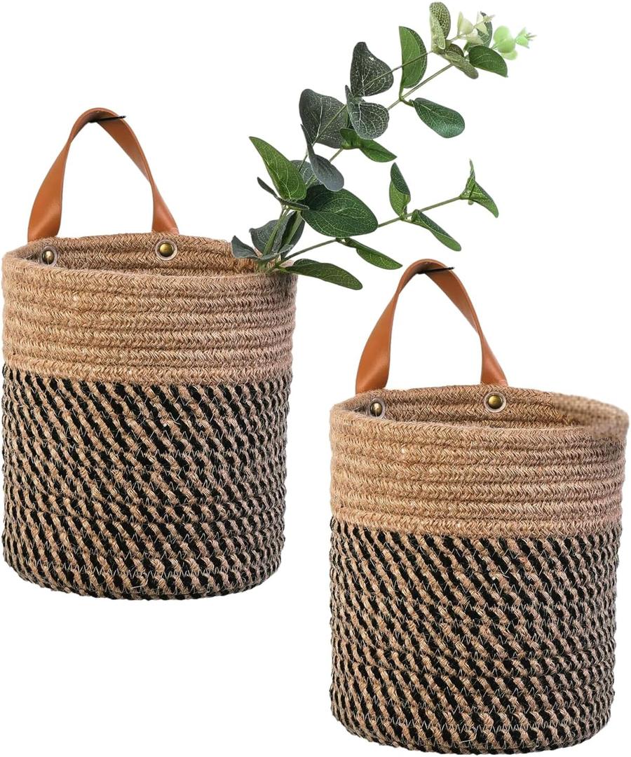 2pack Small Hanging Baskets-Cotton Rope Wall Basket with Handle, Hanging Storage Basket, Shelf Baskets Storage Bin Closet Organizer - 6.3" x 7", Woven Plant Basket (Jute-black)