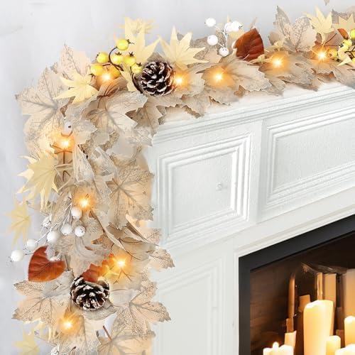 Timer - Fall Thanksgiving Garland, 6FT Maples Leaf Garland Thanksgiving Decorations with Berries Pine Cones 20 LED Autumn Garlands for Table Fireplace Wedding Halloween Christmas Decor