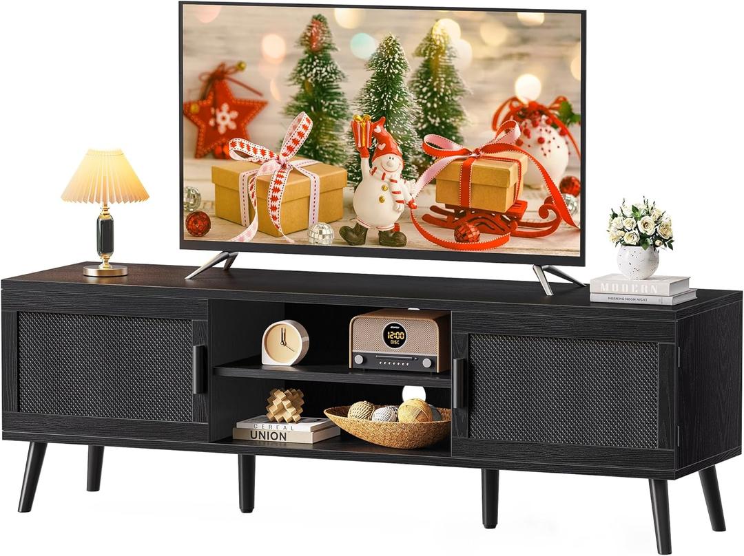 SUPERJARE TV Stand for 65 Inch TV, Entertainment Center with Adjustable Shelf, TV Console with 2 Cabinets, Media Console, Solid Wood Feet, 4 Cord Holes, for Living Room, Black (53.9")